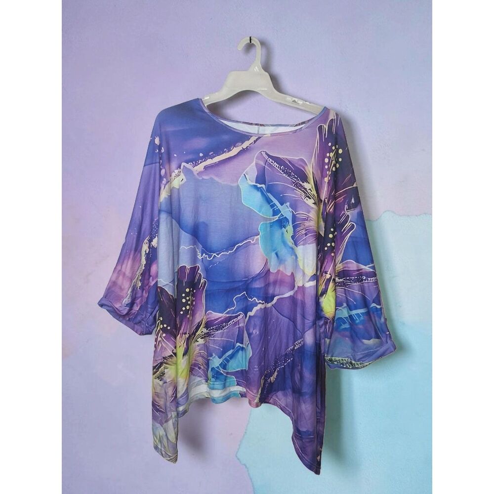 Abstract Purple Floral Asymmetrical Tunic Top - US 3X (Asian 5X)